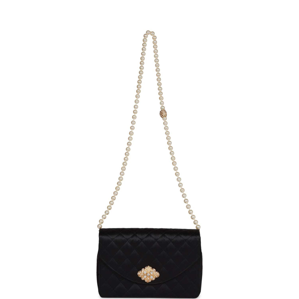Chanel Vintage Gripoix Pearl Chain Bag Black Satin Gold Hardware