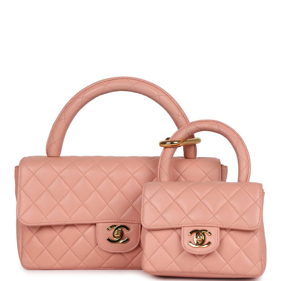 Chanel Vintage Kelly Parent and Child Flap Bag Set Pink Lambskin Gold Hardware