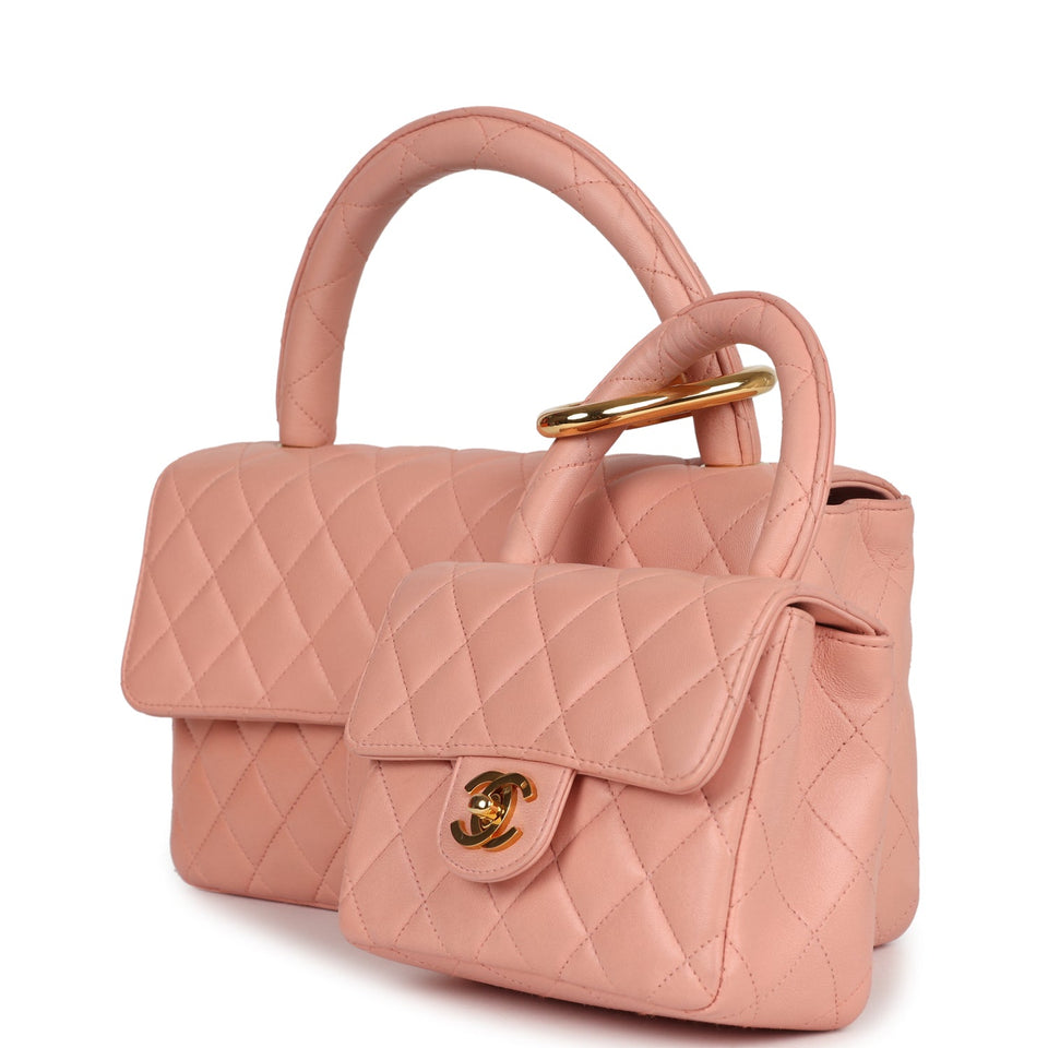 Chanel Vintage Kelly Parent and Child Flap Bag Set Pink Lambskin Gold Hardware