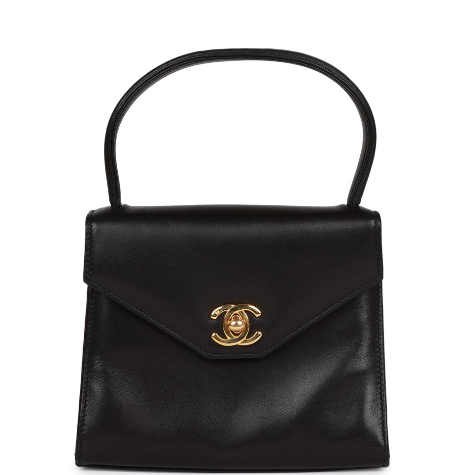 Chanel Vintage Flap Bag with Top Handle Black Lambskin Gold Hardware