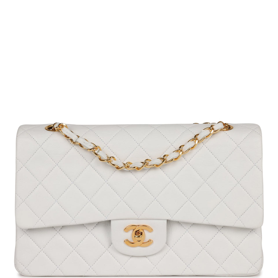 Chanel Vintage Medium Classic Double Flap Bag White Lambskin Gold Hardware