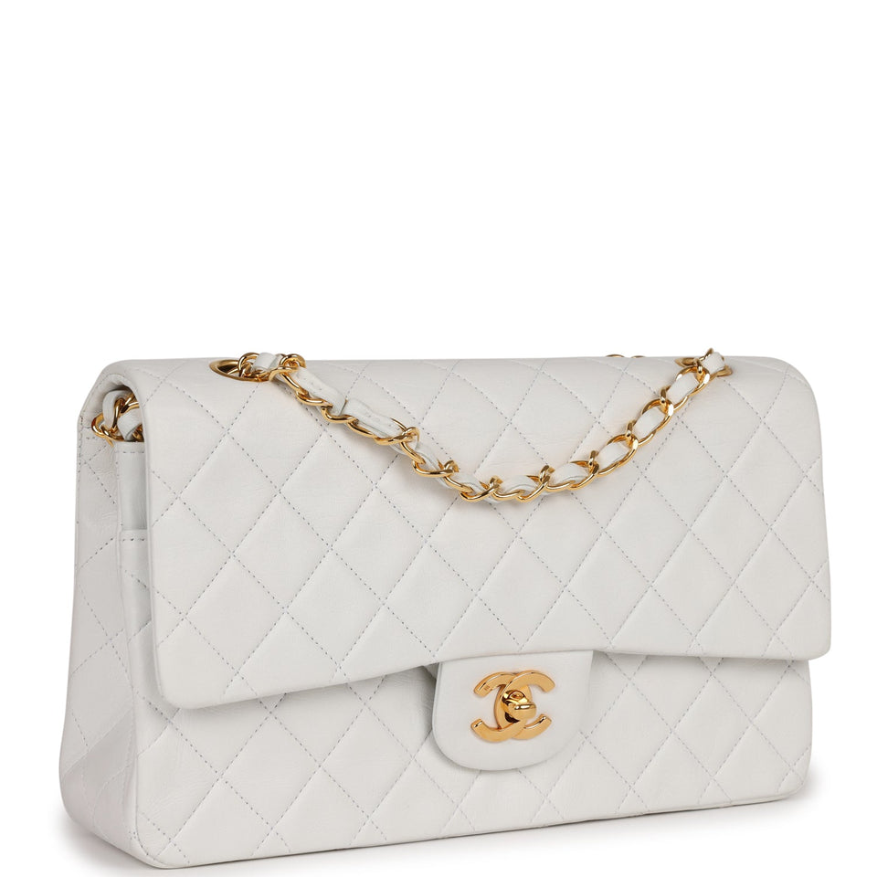 Chanel Vintage Medium Classic Double Flap Bag White Lambskin Gold Hardware