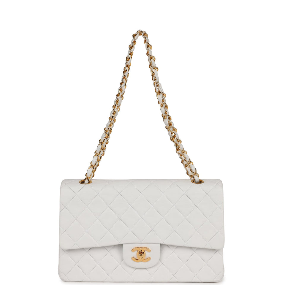 Chanel Vintage Medium Classic Double Flap Bag White Lambskin Gold Hardware