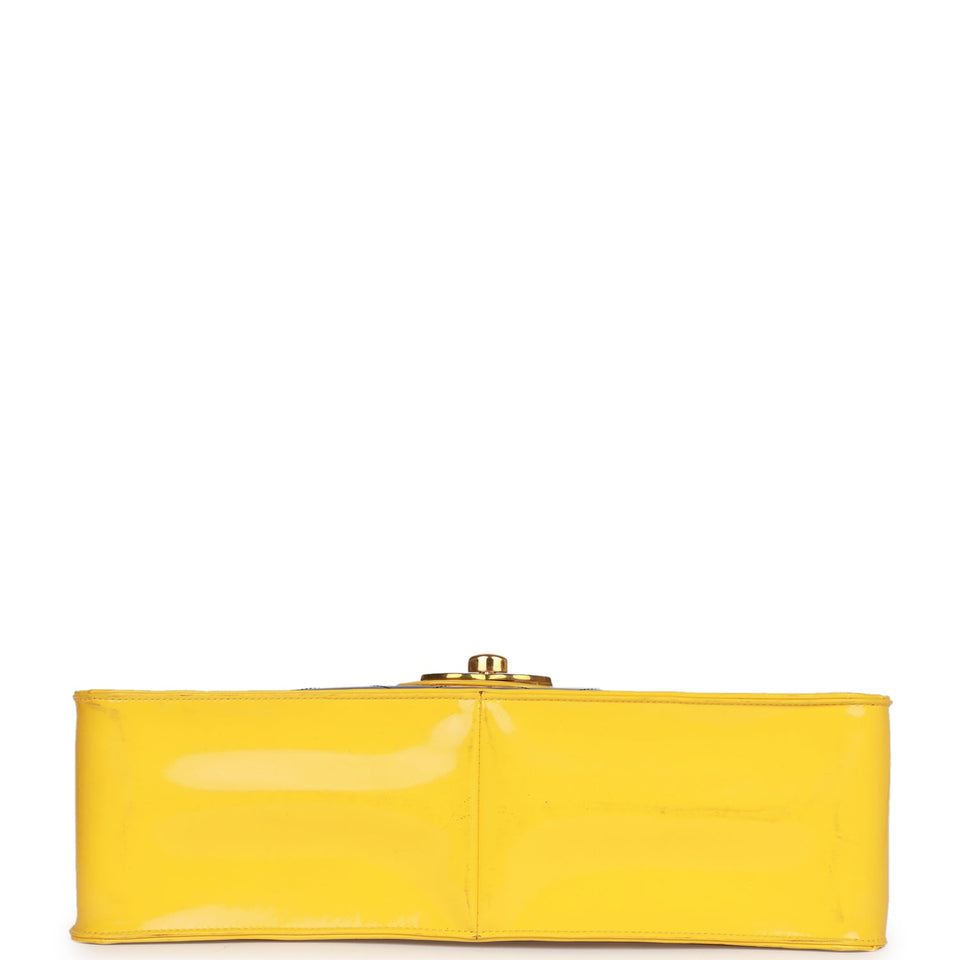 Chanel Vintage Maxi Flap Bag Yellow/Blue Quilted Patent Leather Gold Hardware