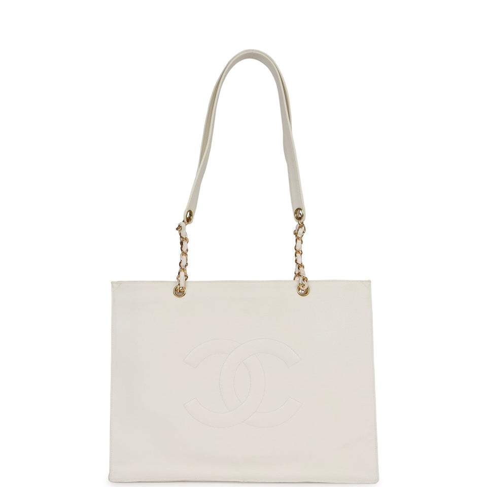 Chanel Vintage CC Chain Shopping Tote Bag White Caviar Gold Hardware