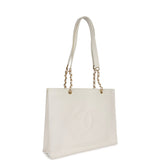 Chanel Vintage CC Chain Shopping Tote Bag White Caviar Gold Hardware