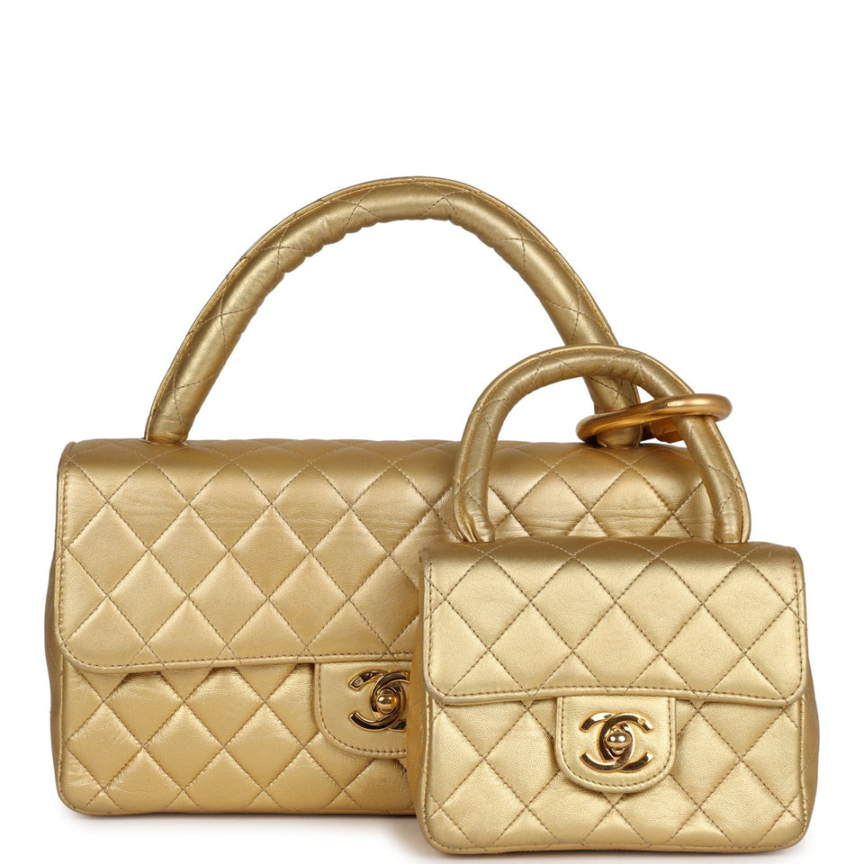 Chanel Vintage Kelly Parent and Child Flap Bag Set Gold Metallic Lambskin Gold Hardware