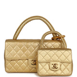 Chanel Vintage Kelly Parent and Child Flap Bag Set Gold Metallic Lambskin Gold Hardware