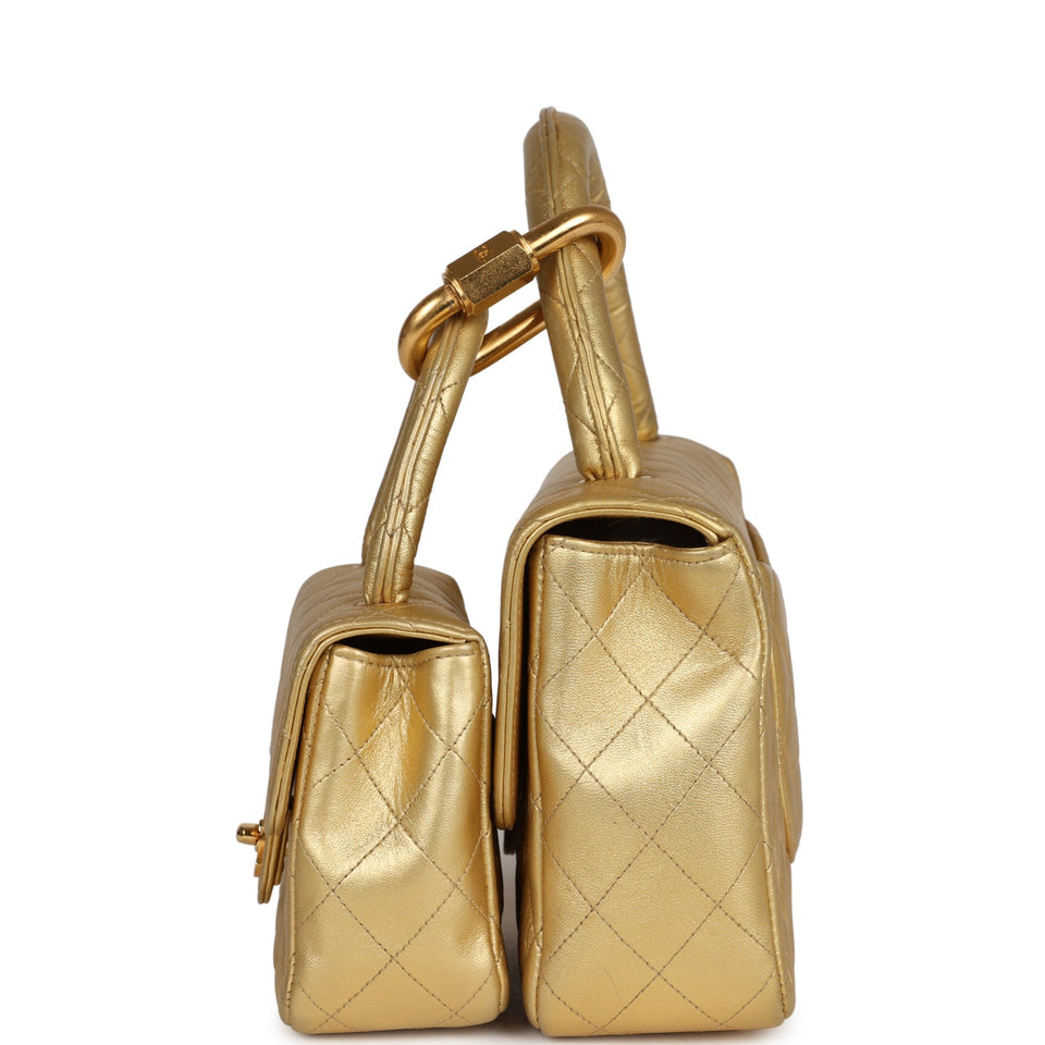 Chanel Vintage Kelly Parent and Child Flap Bag Set Gold Metallic Lambskin Gold Hardware
