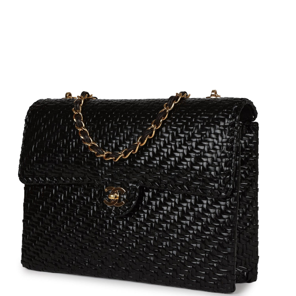 Chanel Vintage Flap Bag Black Wicker Gold Hardware