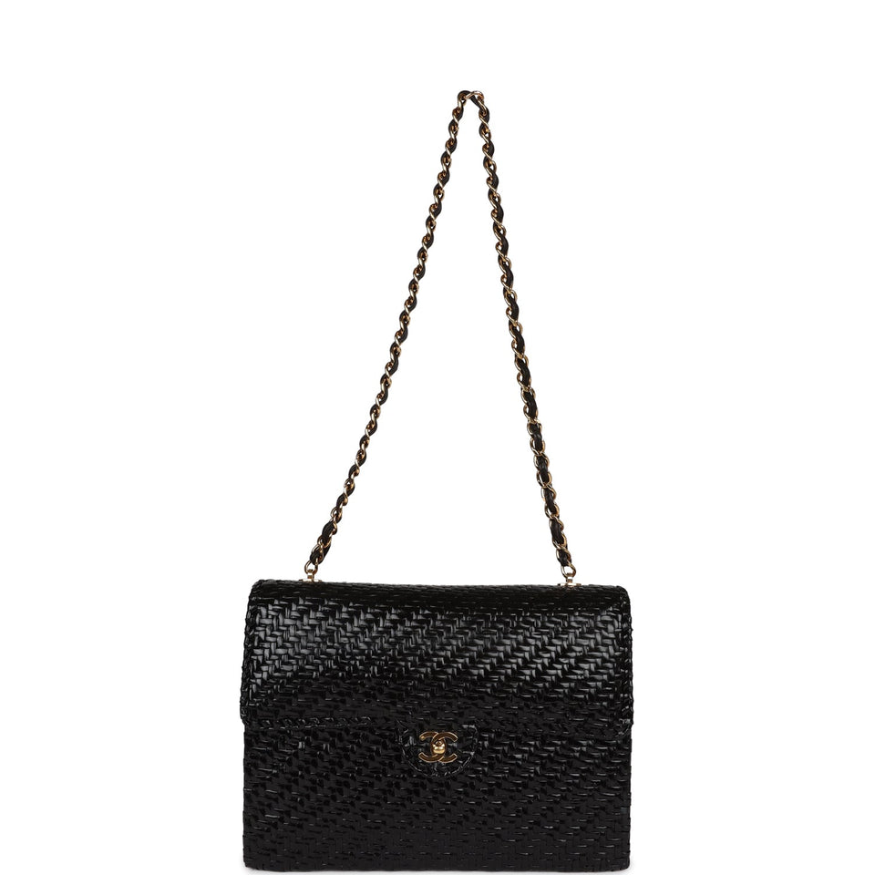 Chanel Vintage Flap Bag Black Wicker Gold Hardware