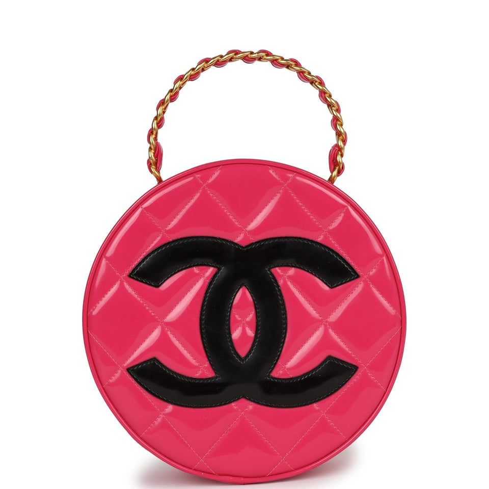Chanel Vintage Round Vanity Bag Pink and Black Patent Leather Antique Gold Hardware