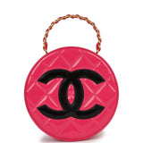 Chanel Vintage Round Vanity Bag Pink and Black Patent Leather Antique Gold Hardware