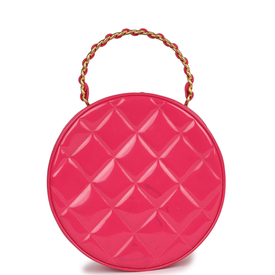 Chanel Vintage Round Vanity Bag Pink and Black Patent Leather Antique Gold Hardware