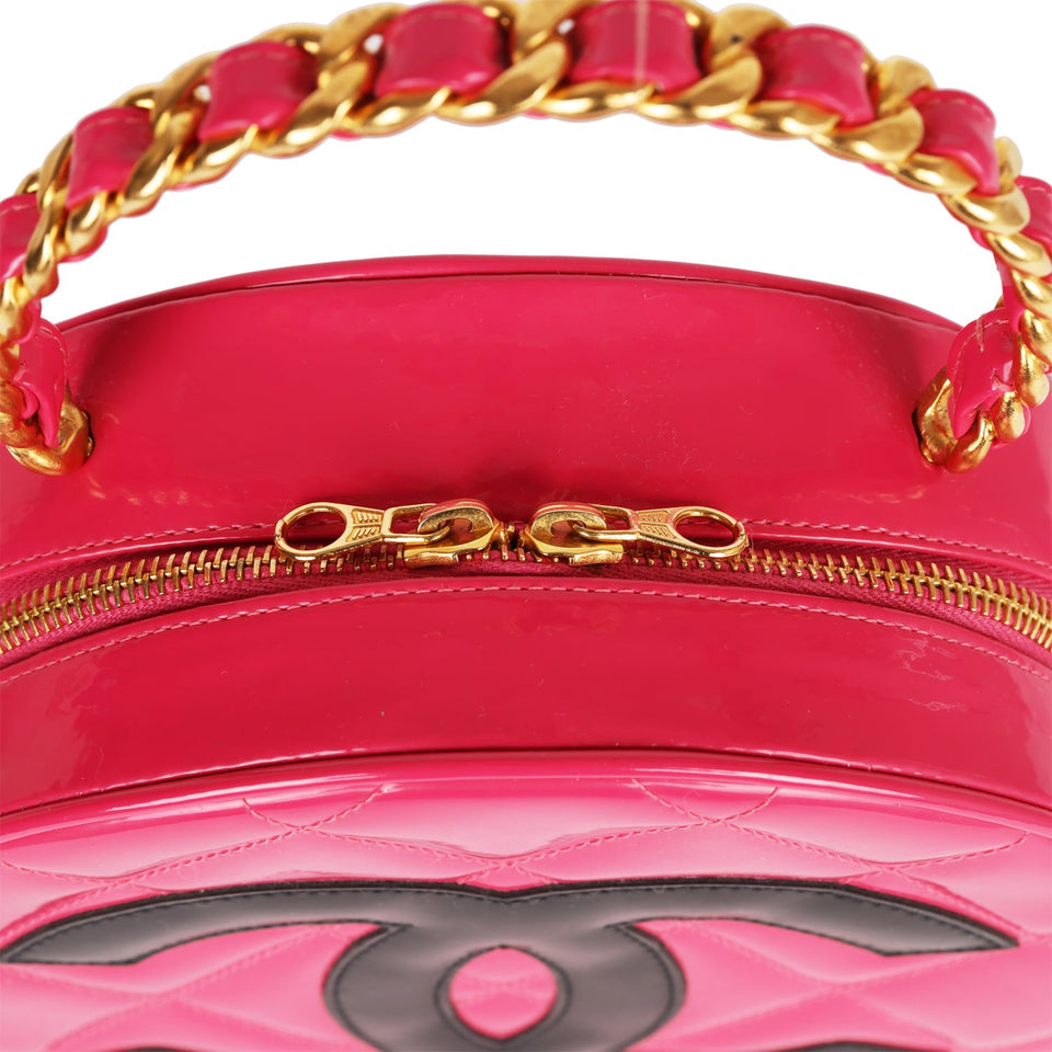Chanel Vintage Round Vanity Bag Pink and Black Patent Leather Antique Gold Hardware