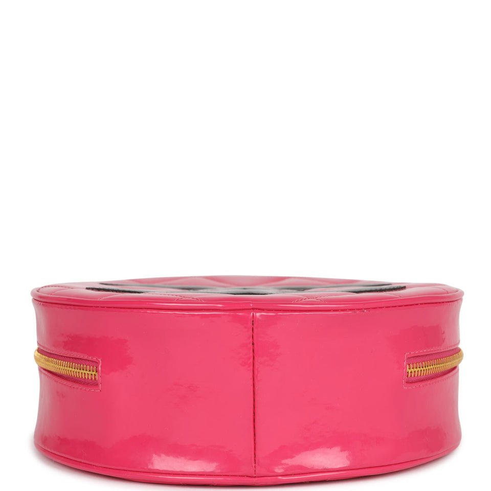Chanel Vintage Round Vanity Bag Pink and Black Patent Leather Antique Gold Hardware
