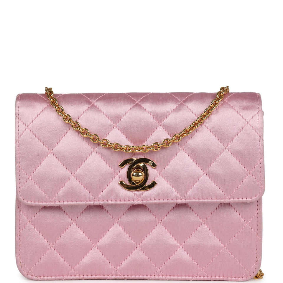 Chanel Vintage Mini Straight Flap Bag Pink Satin Gold Hardware