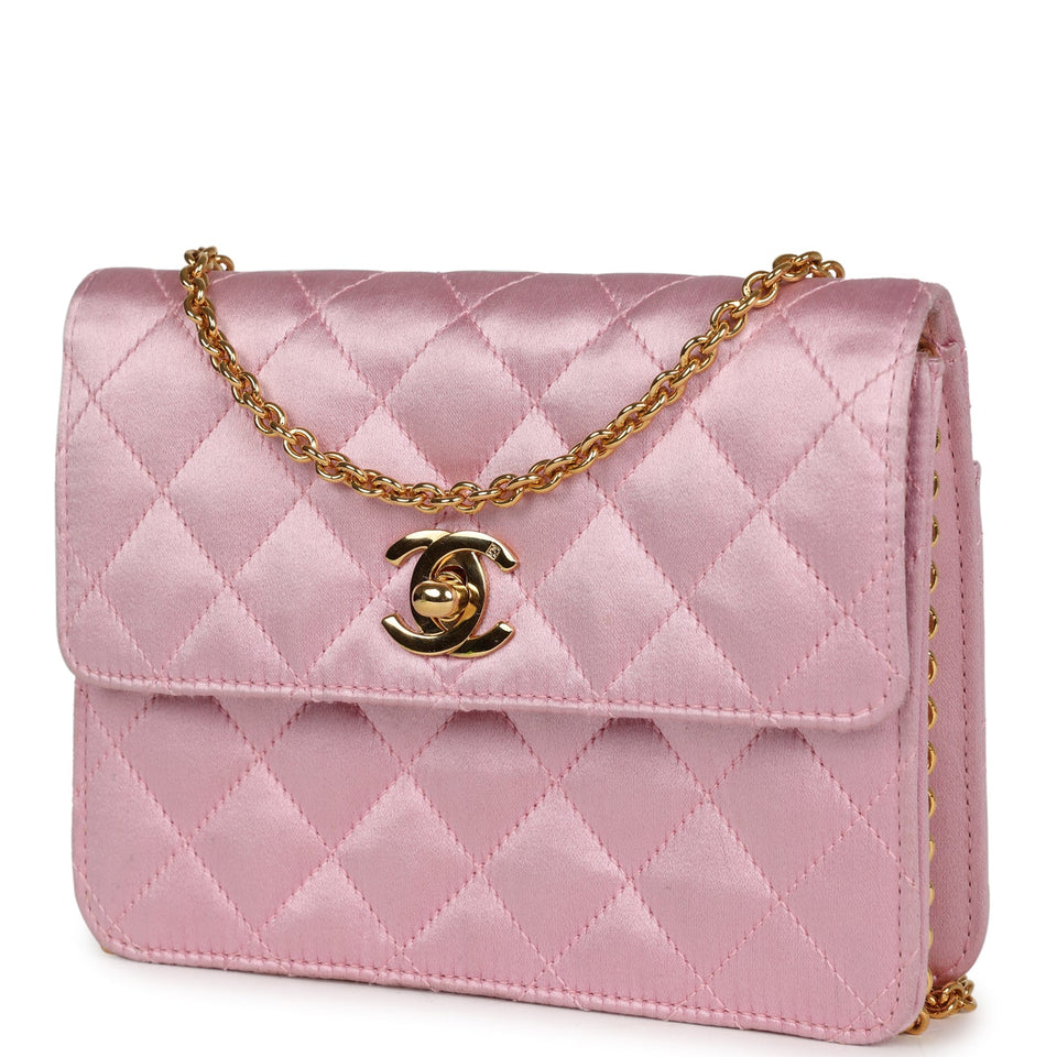 Chanel Vintage Mini Straight Flap Bag Pink Satin Gold Hardware