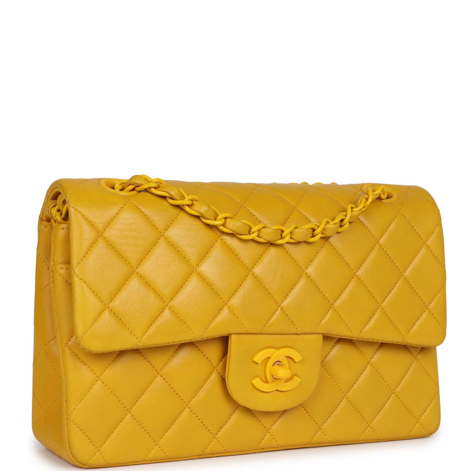 Chanel Vintage Small Classic Double Flap Bag Yellow Lambskin Yellow Hardware