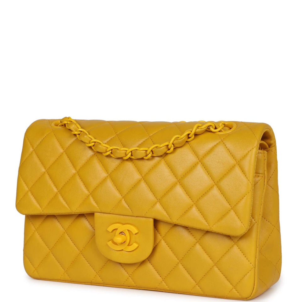 Chanel Vintage Small Classic Double Flap Bag Yellow Lambskin Yellow Hardware