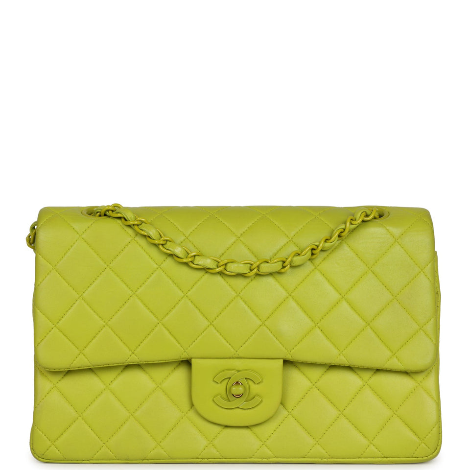 Chanel Vintage Medium Classic Double Flap Lime Green Lambskin Green Hardware