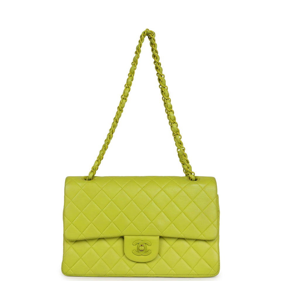 Chanel Vintage Medium Classic Double Flap Lime Green Lambskin Green Hardware