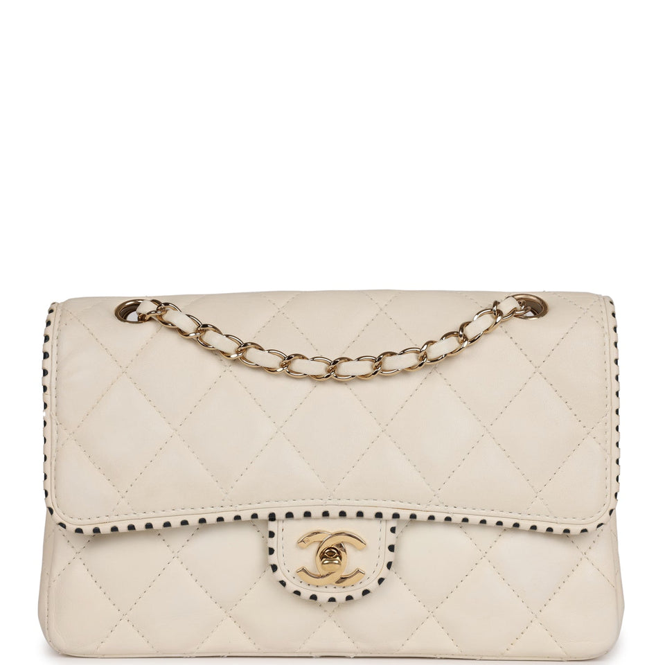 Chanel Vintage Medium Single Flap Bag White Lambskin Gold Hardware