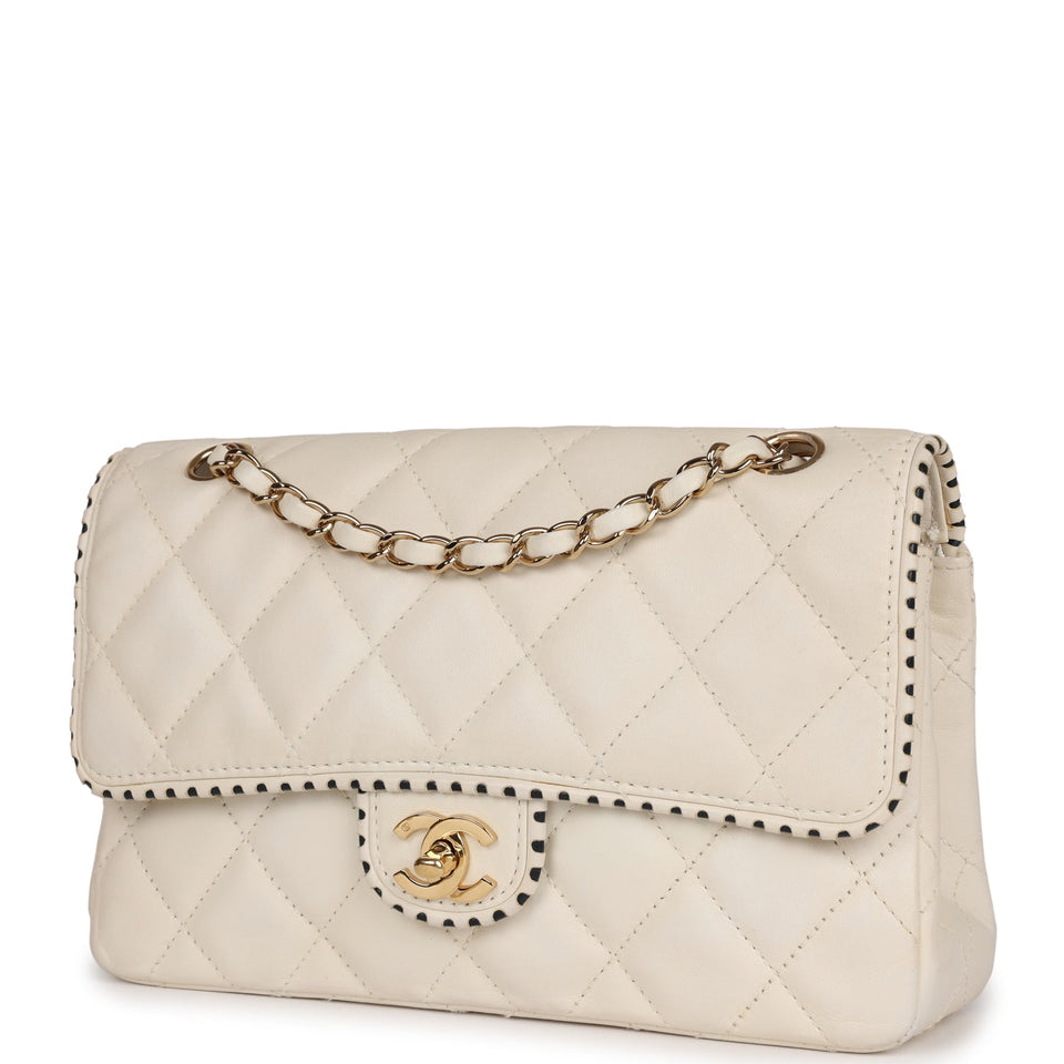 Chanel Vintage Medium Single Flap Bag White Lambskin Gold Hardware