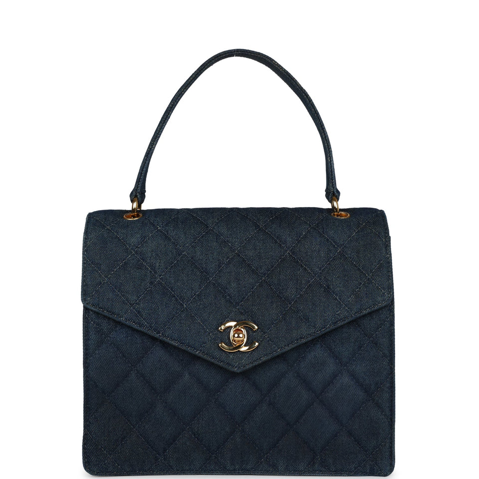 Chanel Vintage Envelope Flap Top Handle Handbag Dark Blue Denim Gold Hardware