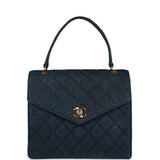 Chanel Vintage Envelope Flap Top Handle Handbag Dark Blue Denim Gold Hardware
