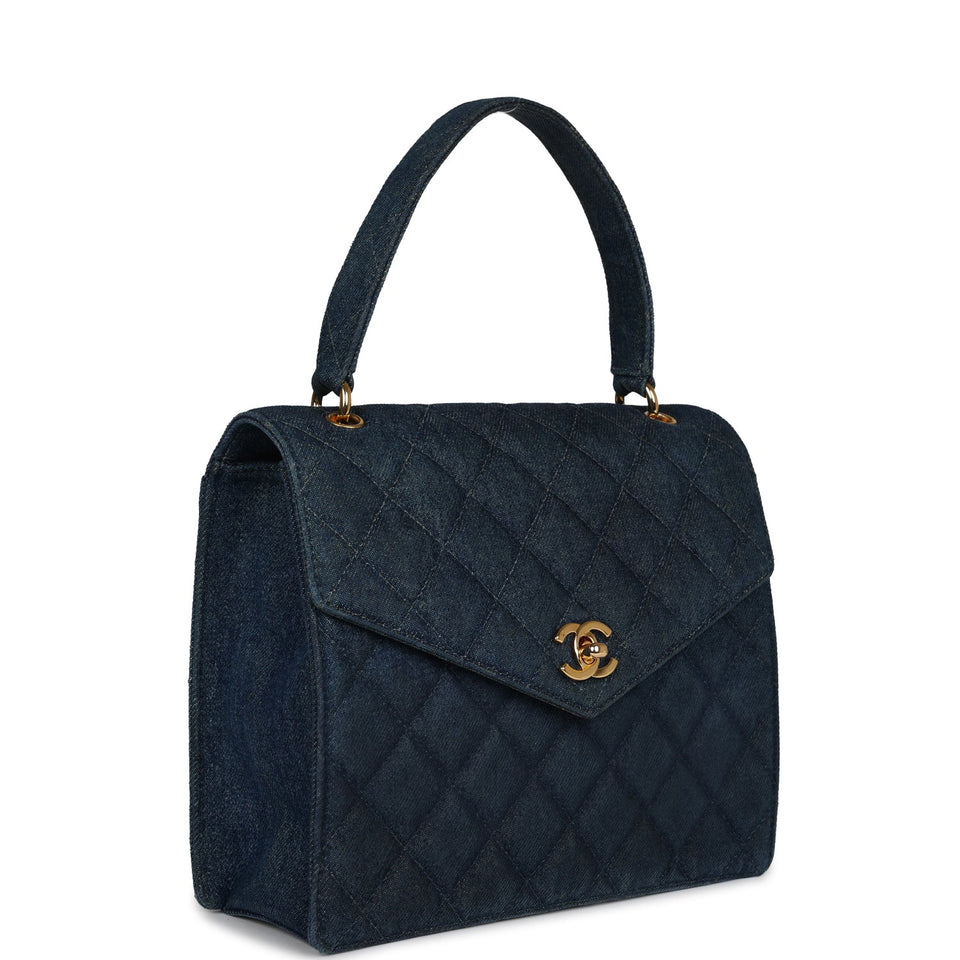 Chanel Vintage Envelope Flap Top Handle Handbag Dark Blue Denim Gold Hardware
