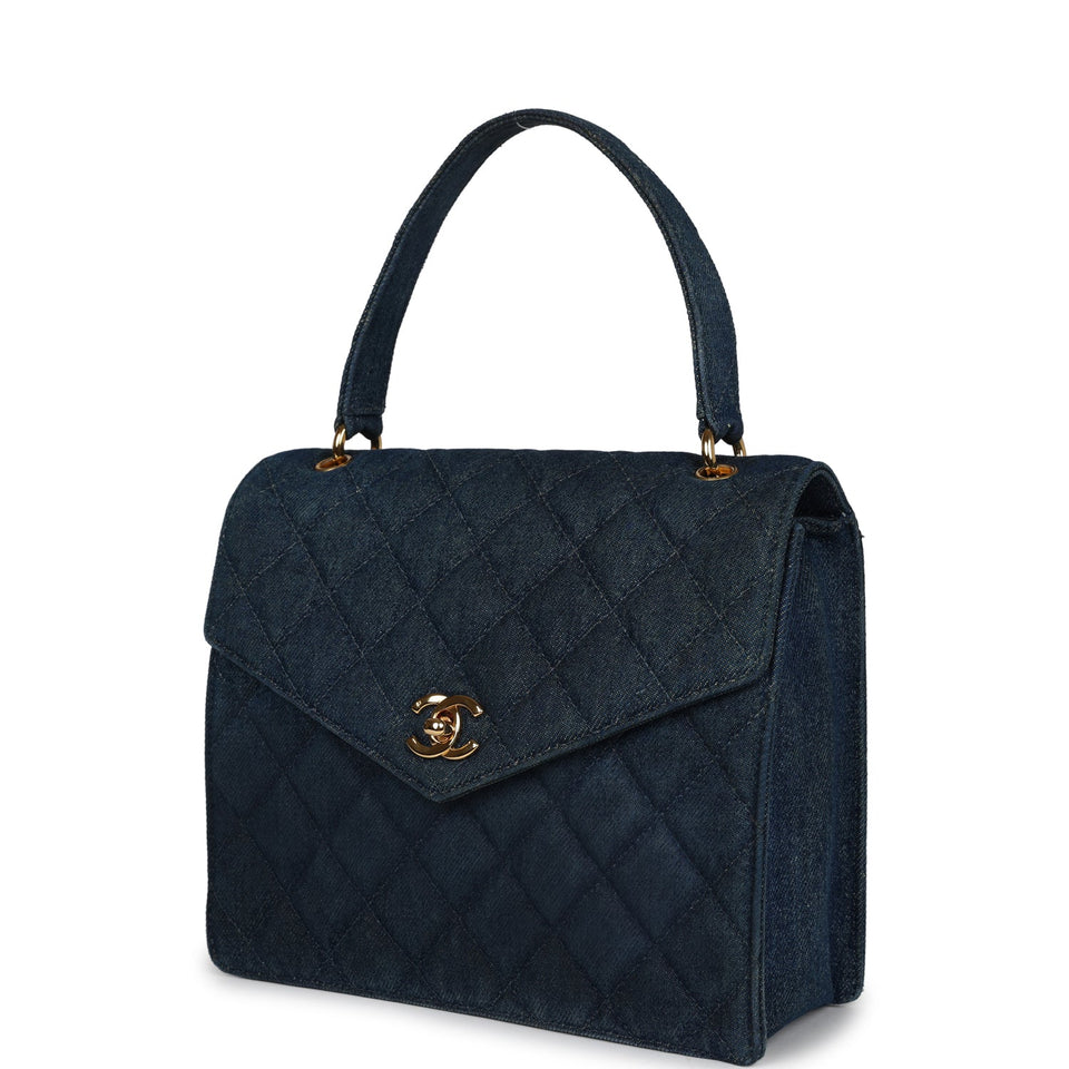 Chanel Vintage Envelope Flap Top Handle Handbag Dark Blue Denim Gold Hardware