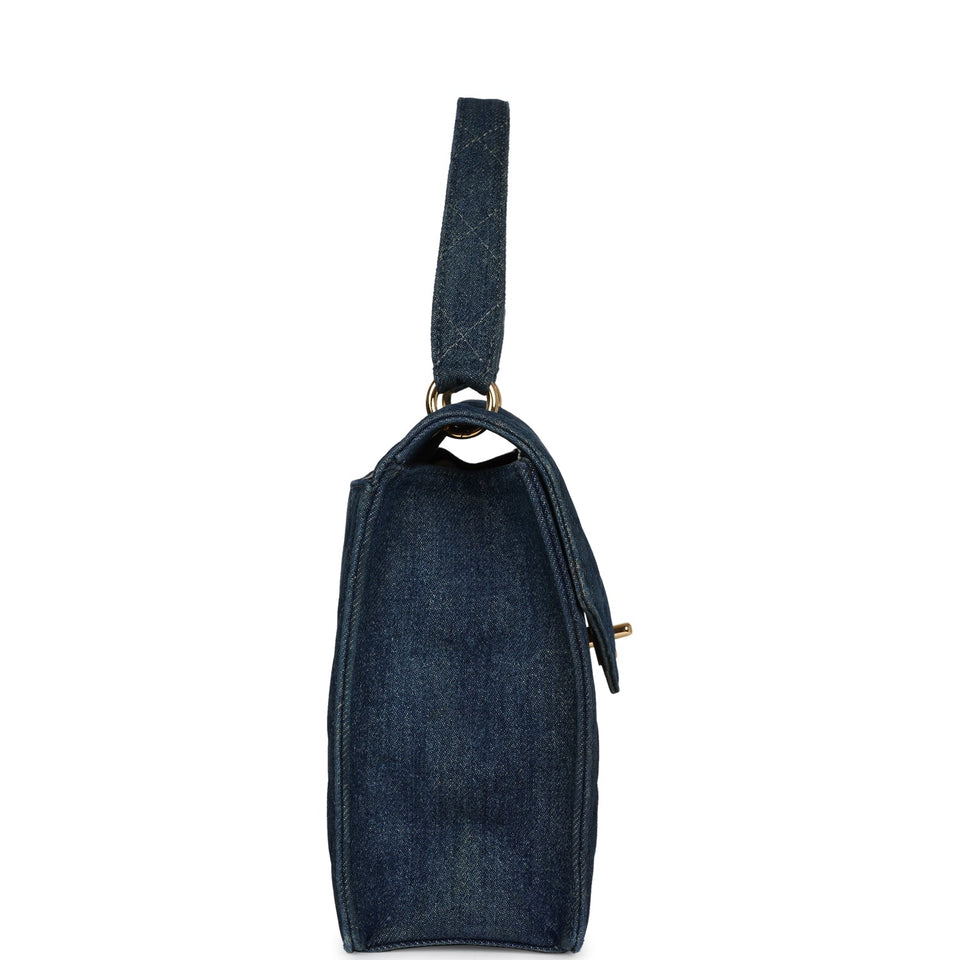 Chanel Vintage Envelope Flap Top Handle Handbag Dark Blue Denim Gold Hardware
