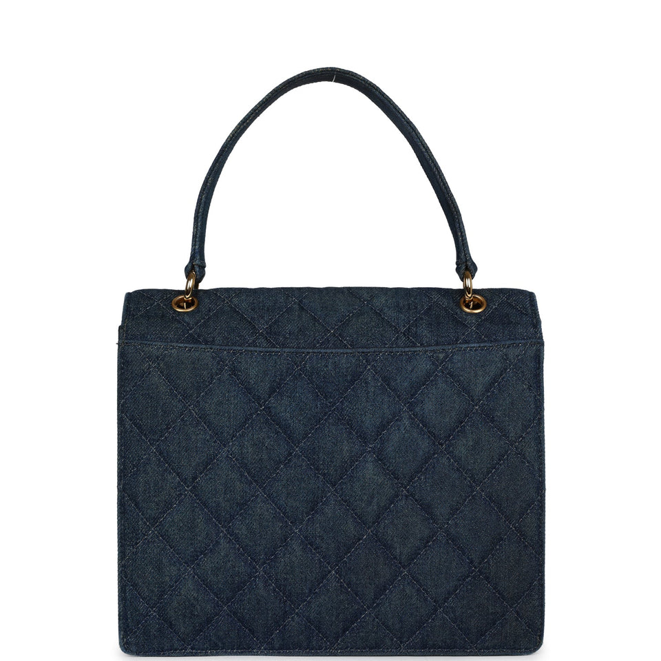 Chanel Vintage Envelope Flap Top Handle Handbag Dark Blue Denim Gold Hardware