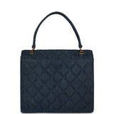 Chanel Vintage Envelope Flap Top Handle Handbag Dark Blue Denim Gold Hardware