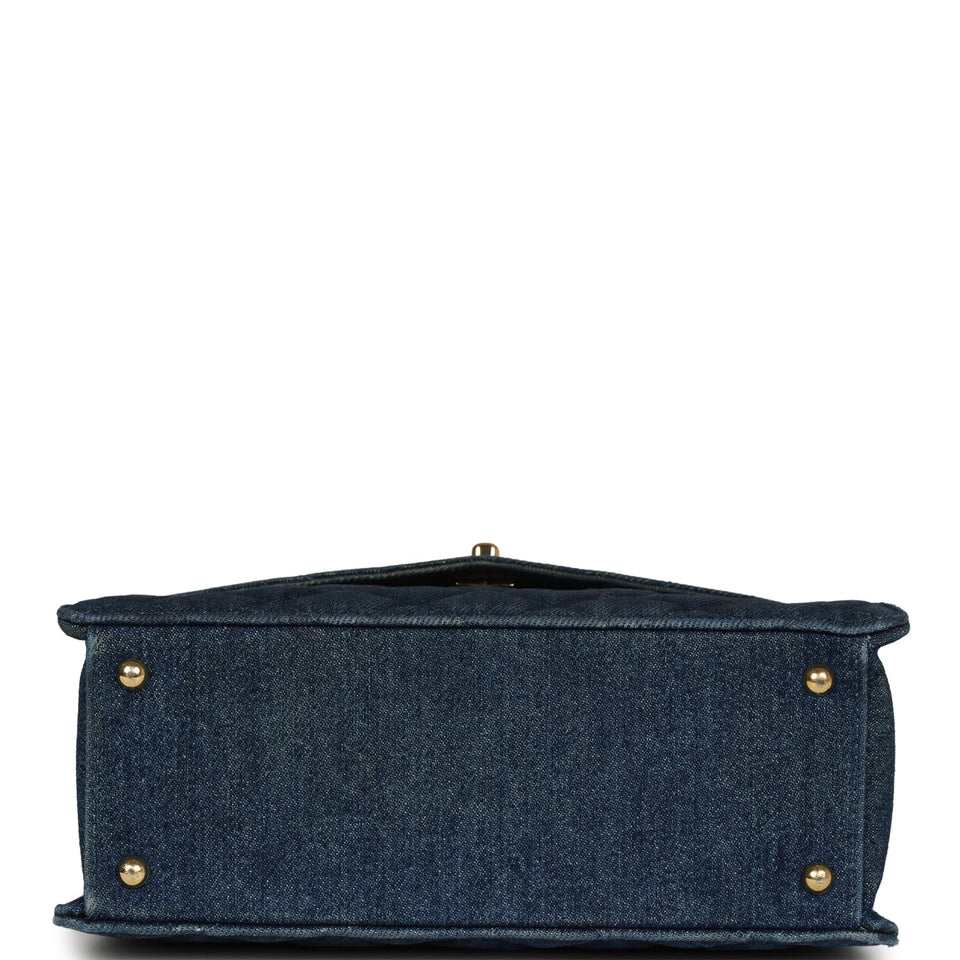 Chanel Vintage Envelope Flap Top Handle Handbag Dark Blue Denim Gold Hardware