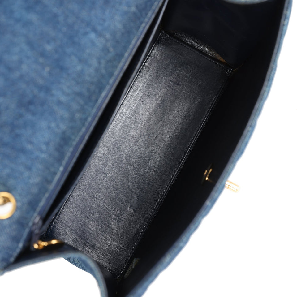Chanel Vintage Envelope Flap Top Handle Handbag Dark Blue Denim Gold Hardware