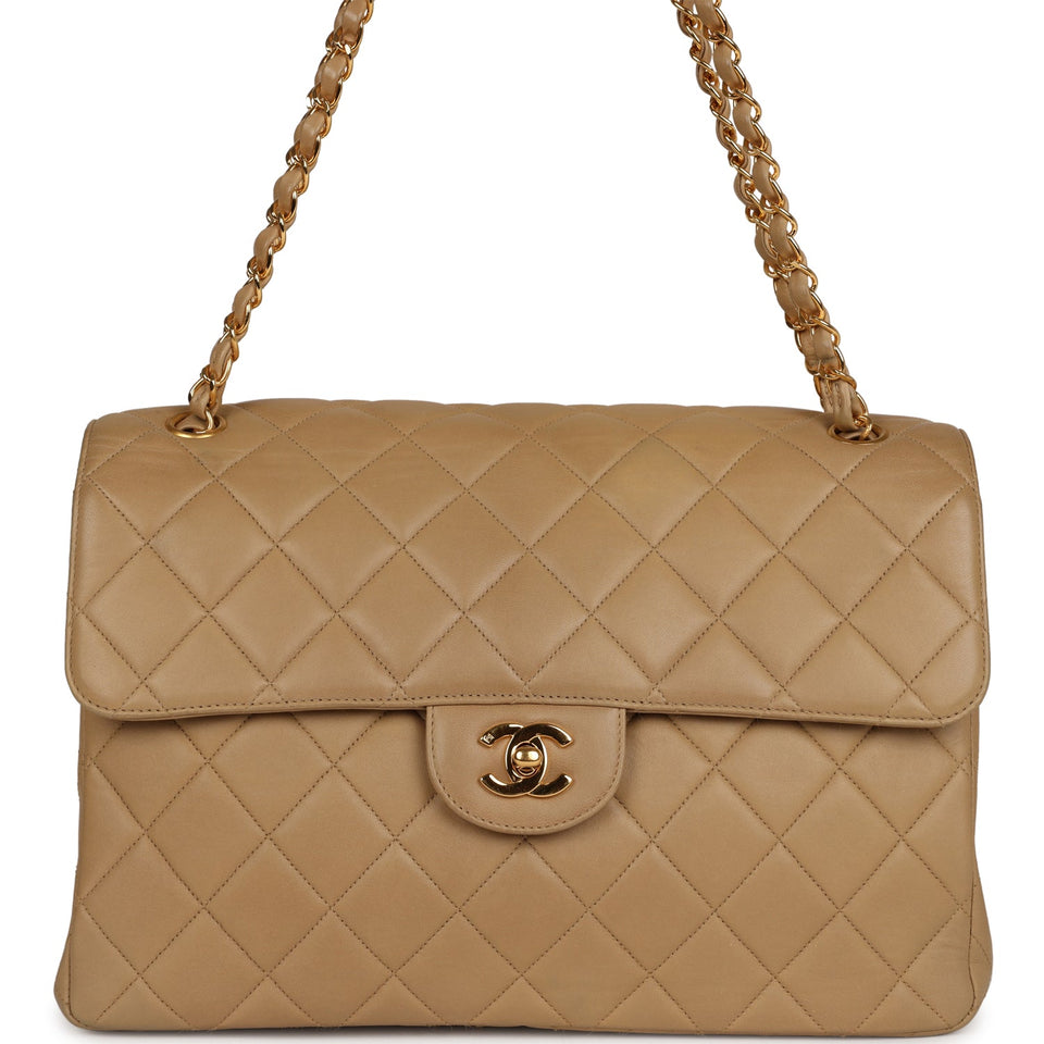 Chanel Vintage Double Sided Flap Bag Taupe Lambskin Gold Hardware