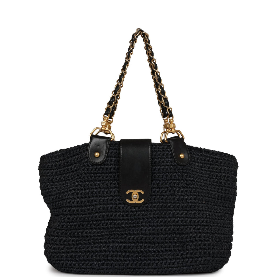 Chanel Vintage Straw Tote Black Raffia Gold Hardware