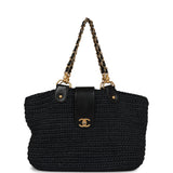 Chanel Vintage Straw Tote Black Raffia Gold Hardware