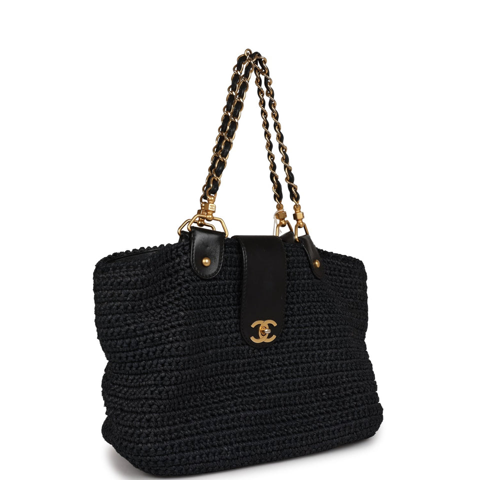 Chanel Vintage Straw Tote Black Raffia Gold Hardware
