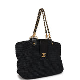 Chanel Vintage Straw Tote Black Raffia Gold Hardware