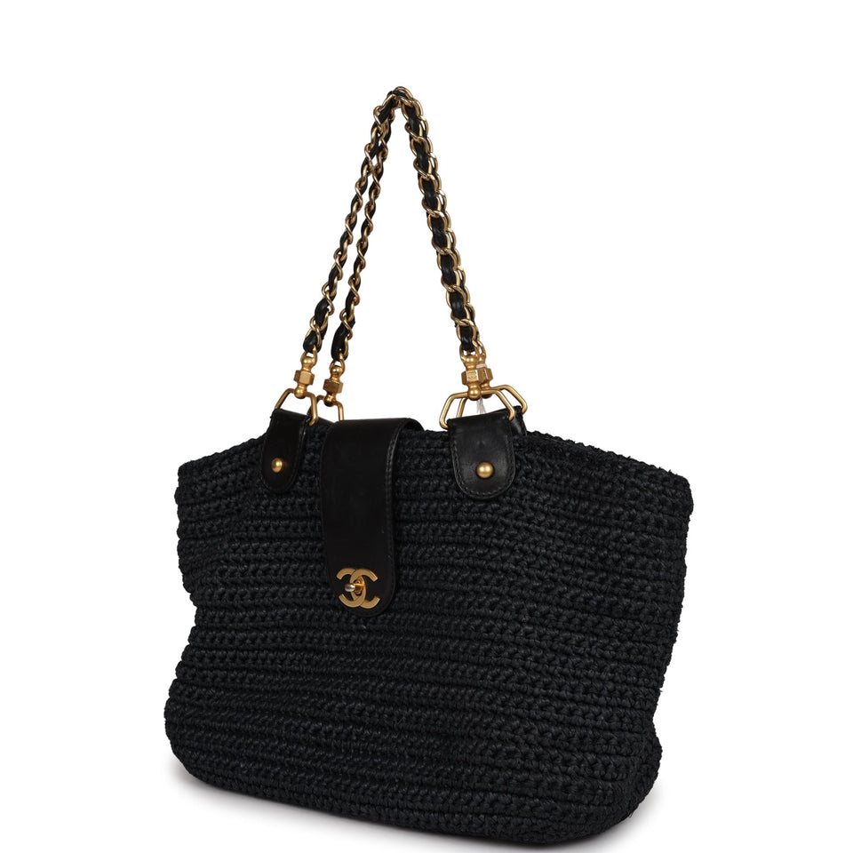 Chanel Vintage Straw Tote Black Raffia Gold Hardware