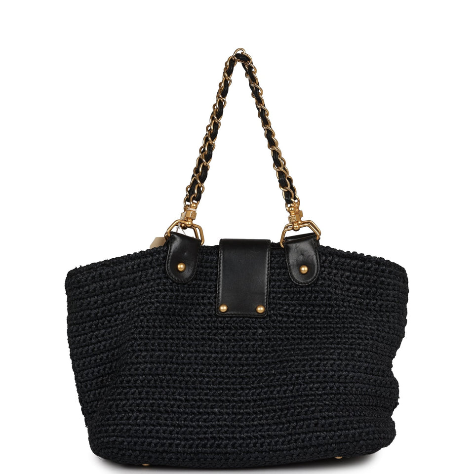 Chanel Vintage Straw Tote Black Raffia Gold Hardware