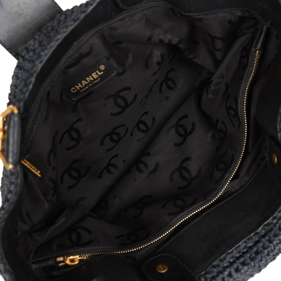 Chanel Vintage Straw Tote Black Raffia Gold Hardware