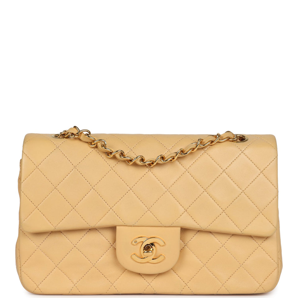 Chanel Vintage Small Classic Double Flap Beige Lambskin Gold Hardware