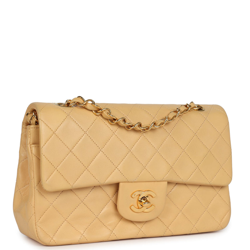 Chanel Vintage Small Classic Double Flap Beige Lambskin Gold Hardware