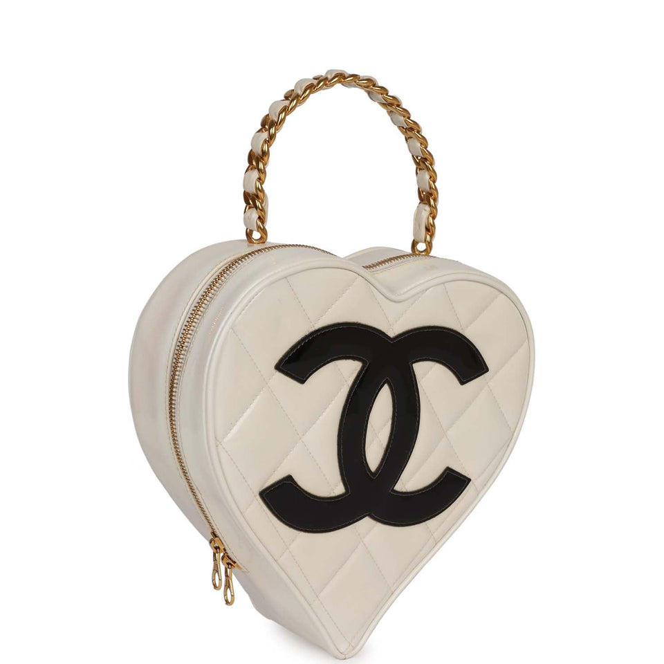 Chanel Vintage Heart Vanity Bag White and Black Patent Antique Gold Hardware