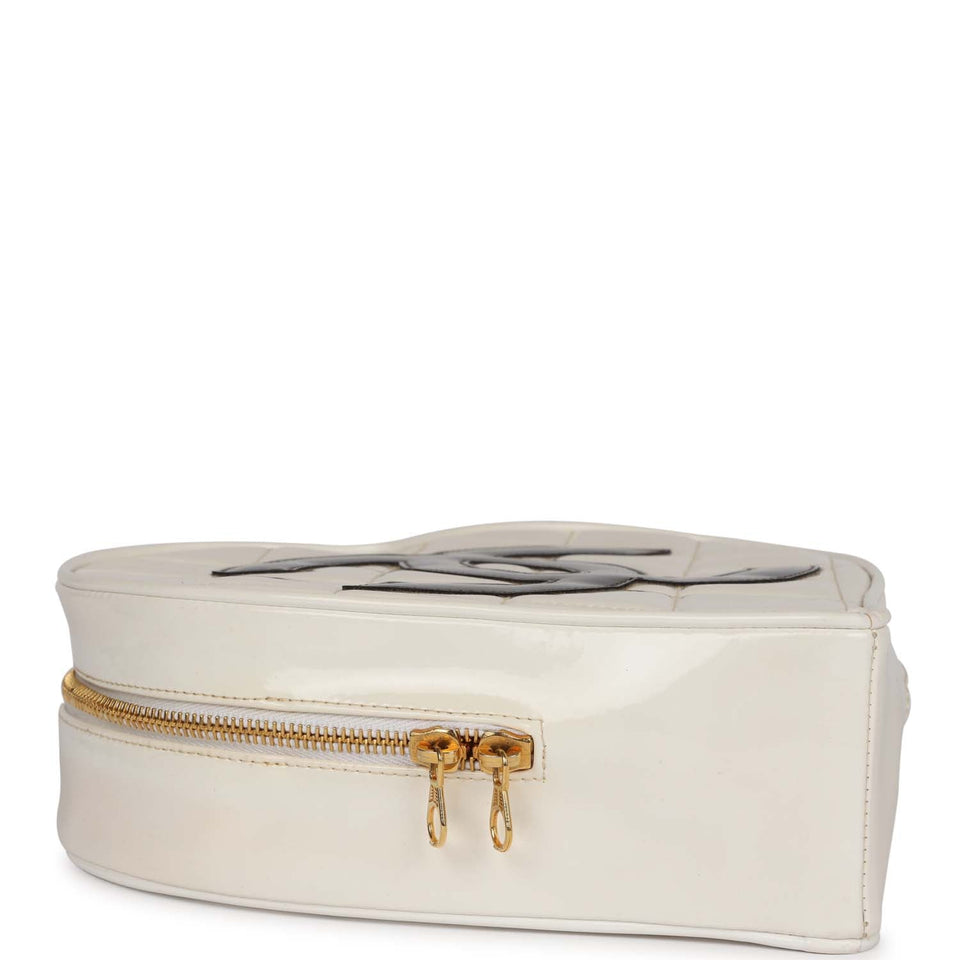 Chanel Vintage Heart Vanity Bag White and Black Patent Antique Gold Hardware