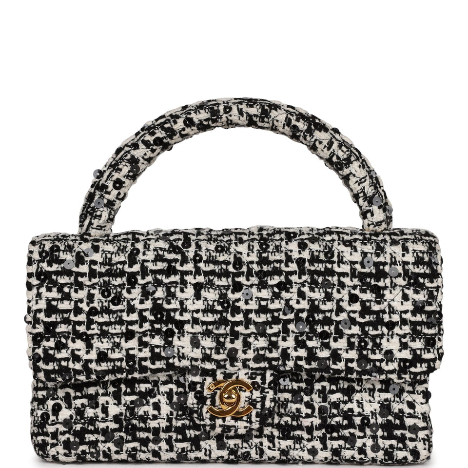 Chanel Vintage Kelly Parent Flap Black and White Sequin Tweed Gold Hardware
